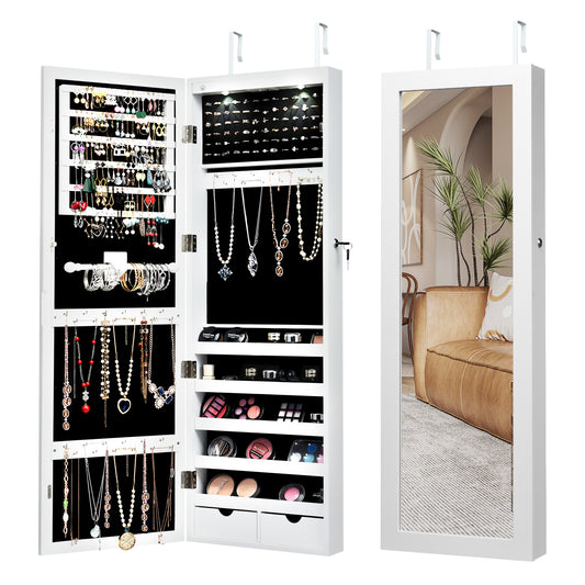 Lockable Wall Mount Mirrored Jewelry Cabinet with LED Lights-White - Direct by Wilsons Home Store