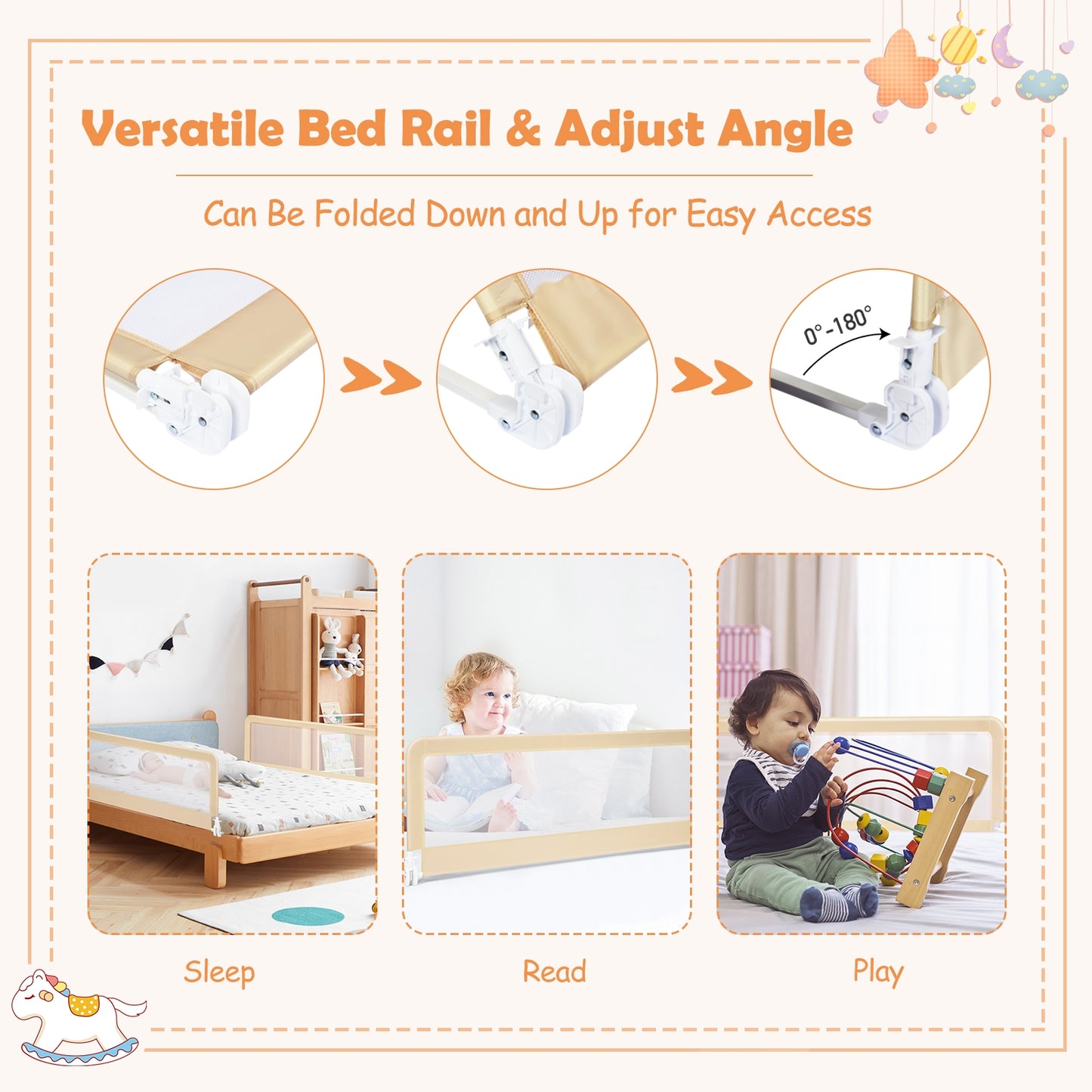 59 Inch Extra Long Folding Breathable Baby Children Toddlers Bed Rail Guard with Safety Strap-Beige