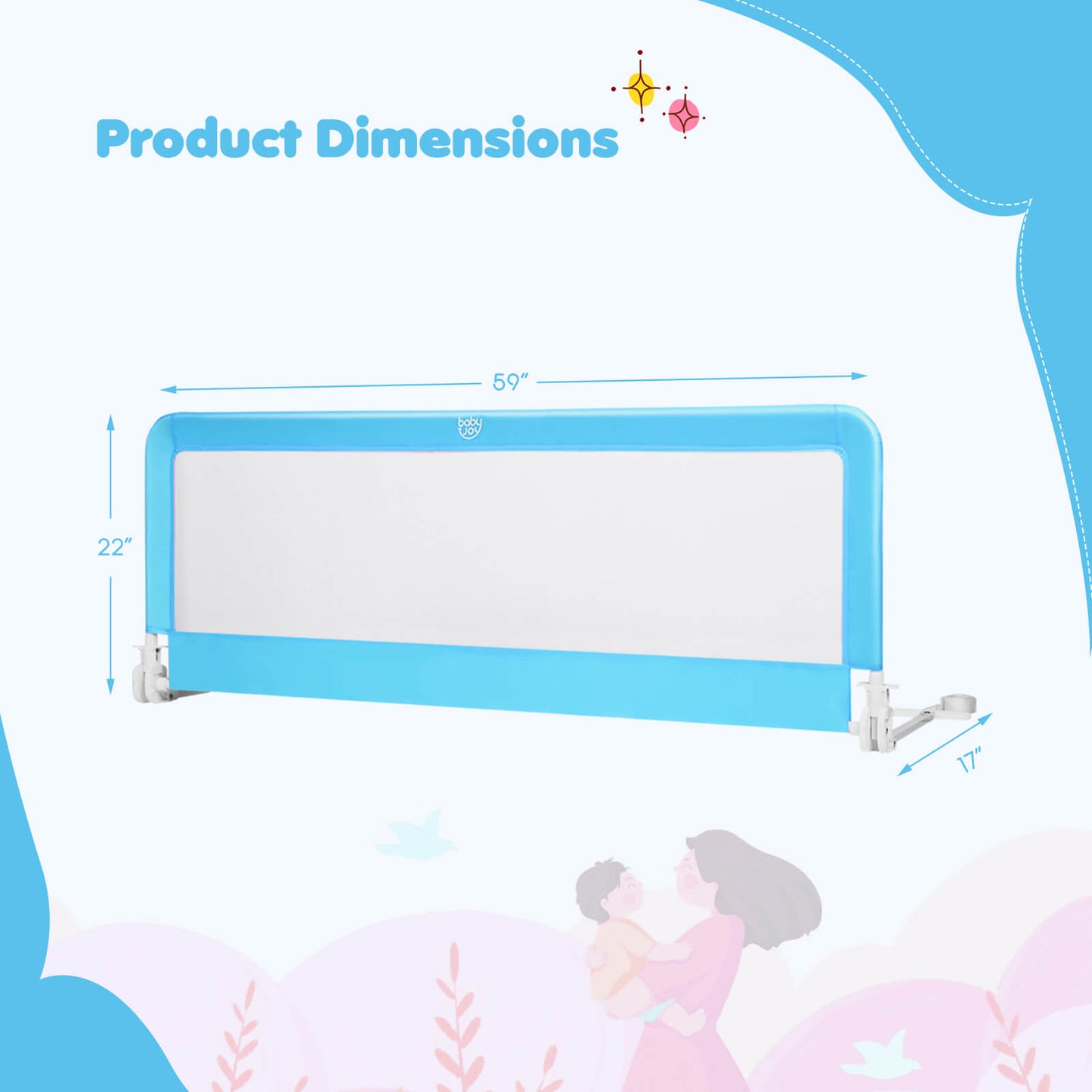 59 Inch Extra Long Folding Breathable Baby Children Toddlers Bed Rail Guard with Safety Strap-Blue