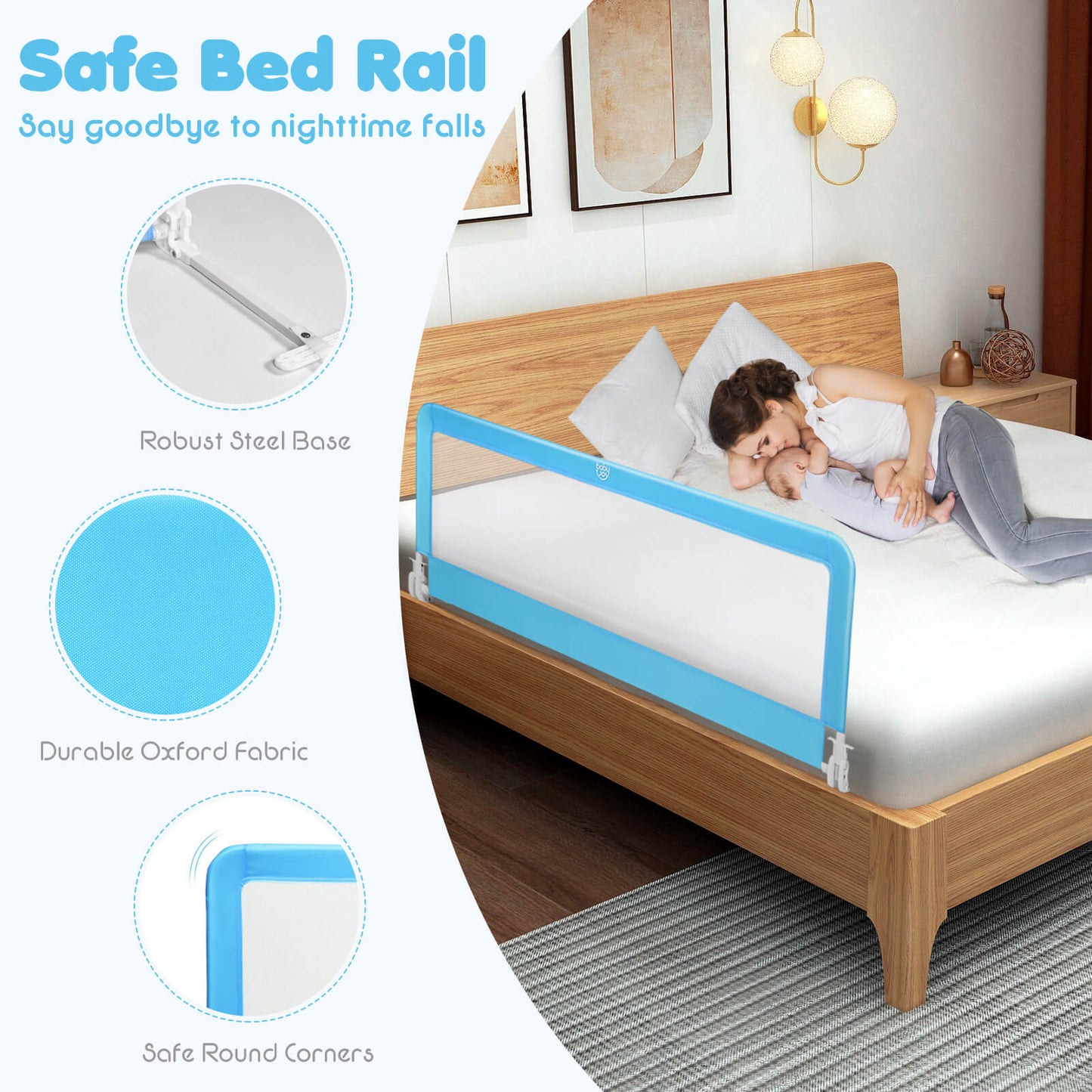 59 Inch Extra Long Folding Breathable Baby Children Toddlers Bed Rail Guard with Safety Strap-Blue