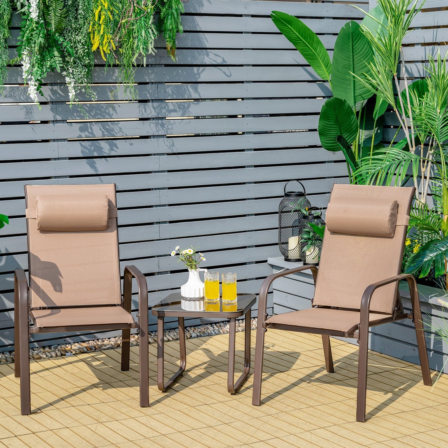 3 Pieces Patio Bistro Furniture Set with Adjustable Backrest-Black