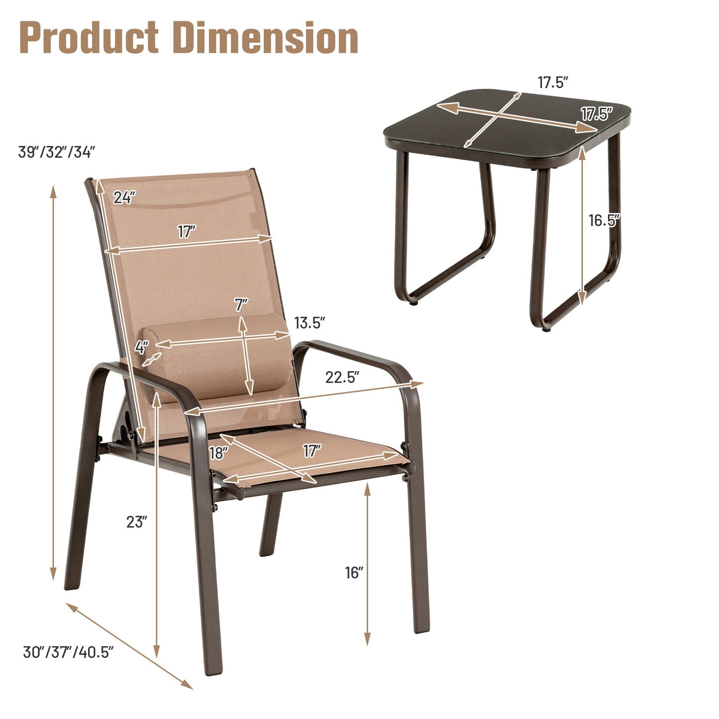 3 Pieces Patio Bistro Furniture Set with Adjustable Backrest-Black