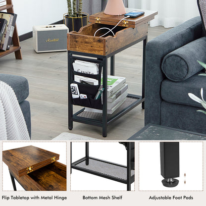 Industrial End Table with Charging Station and Flip Top-Rustic Brown