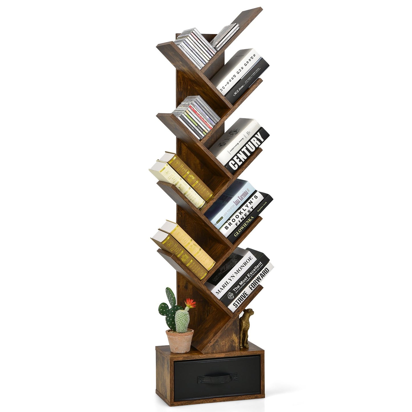 10-tier Tree Bookshelf with Drawer Free-standing Storage Bookcase