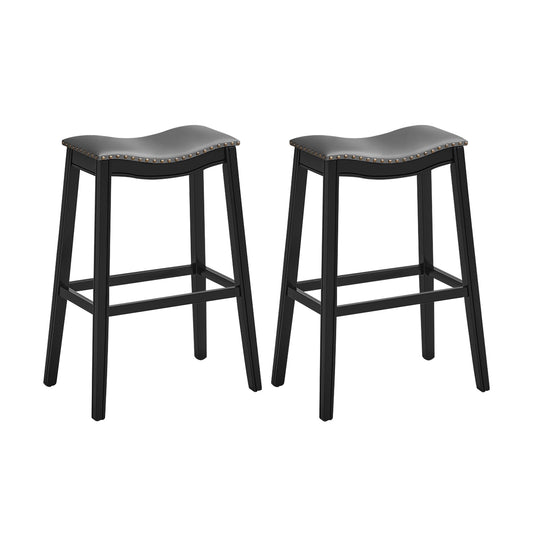 Set of 2 29 Inch Backless Wood Nailhead Barstools with PVC Leather Seat-Black