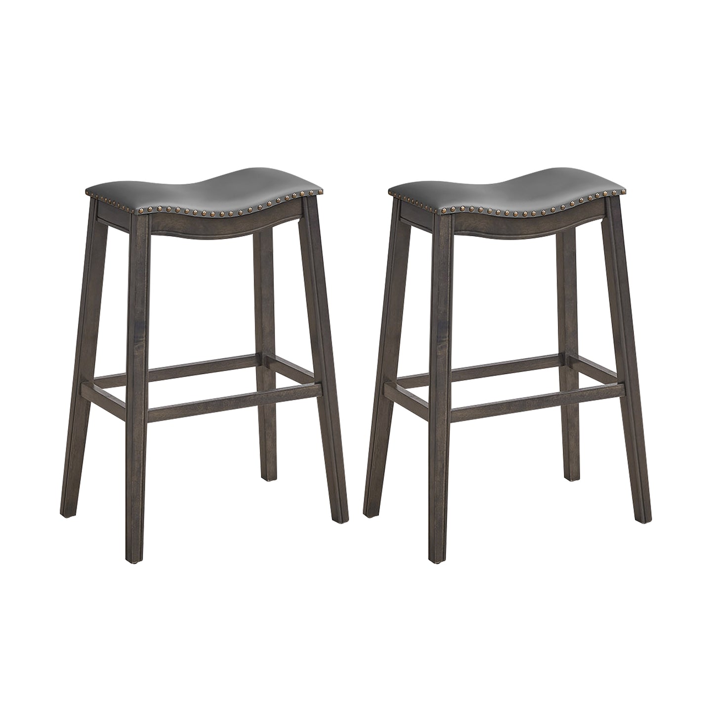 29 Inch Set of 2 Backless Wood Nailhead Barstools with PVC Leather Seat-Gray