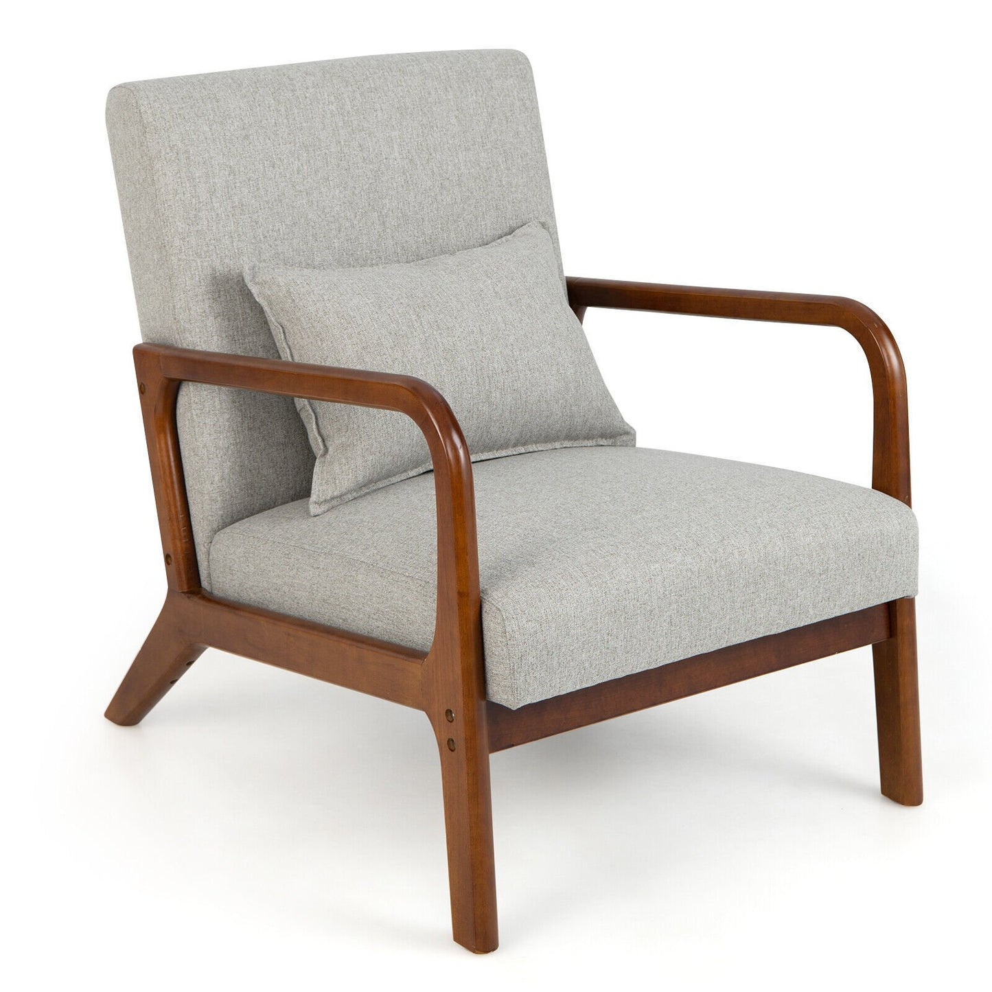 Modern Accent Chair with Rubber Wood Frame and Lumbar Pillow-Beige