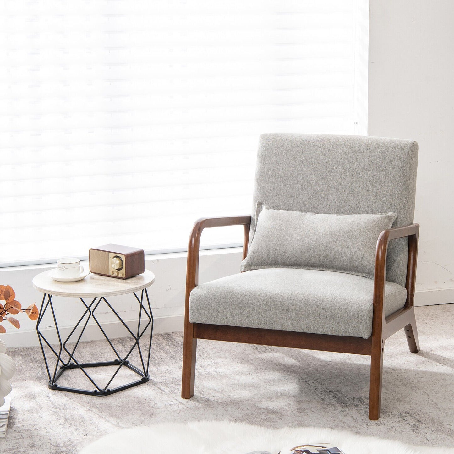 Modern Accent Chair with Rubber Wood Frame and Lumbar Pillow-Beige