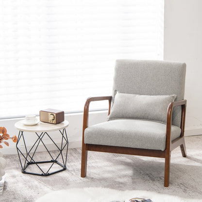 Modern Accent Chair with Rubber Wood Frame and Lumbar Pillow-Beige