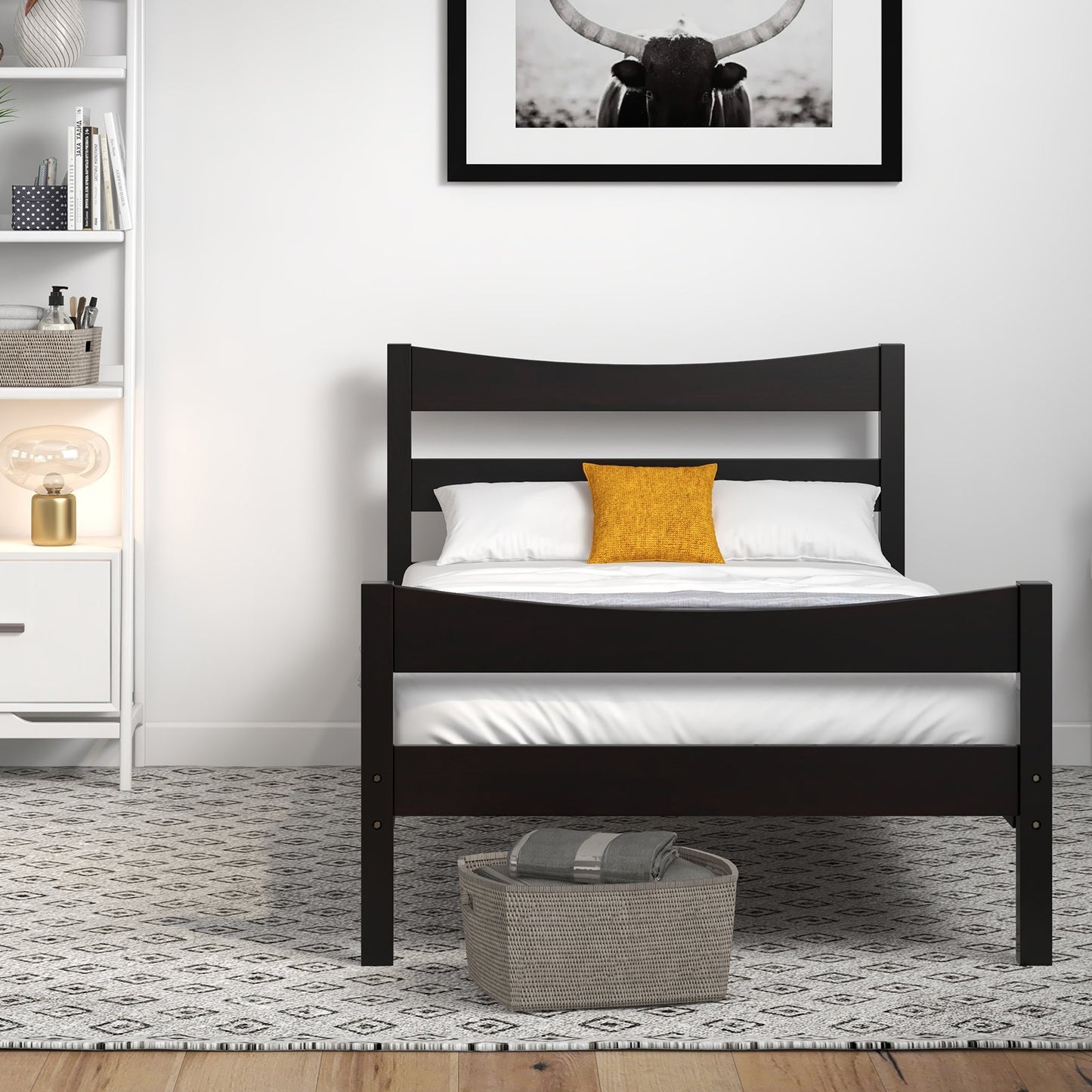 Twin Size Platform Bed Frame Foundation Slat Support -Dark Brown