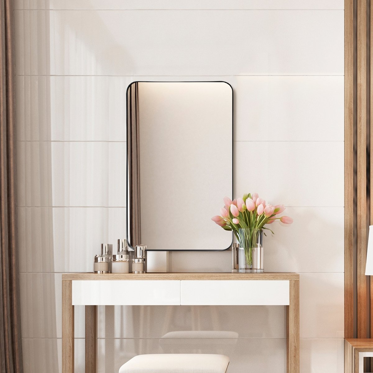 32 Inch x 20 Inch Metal Frame Wall-Mounted Rectangle Mirror-Black