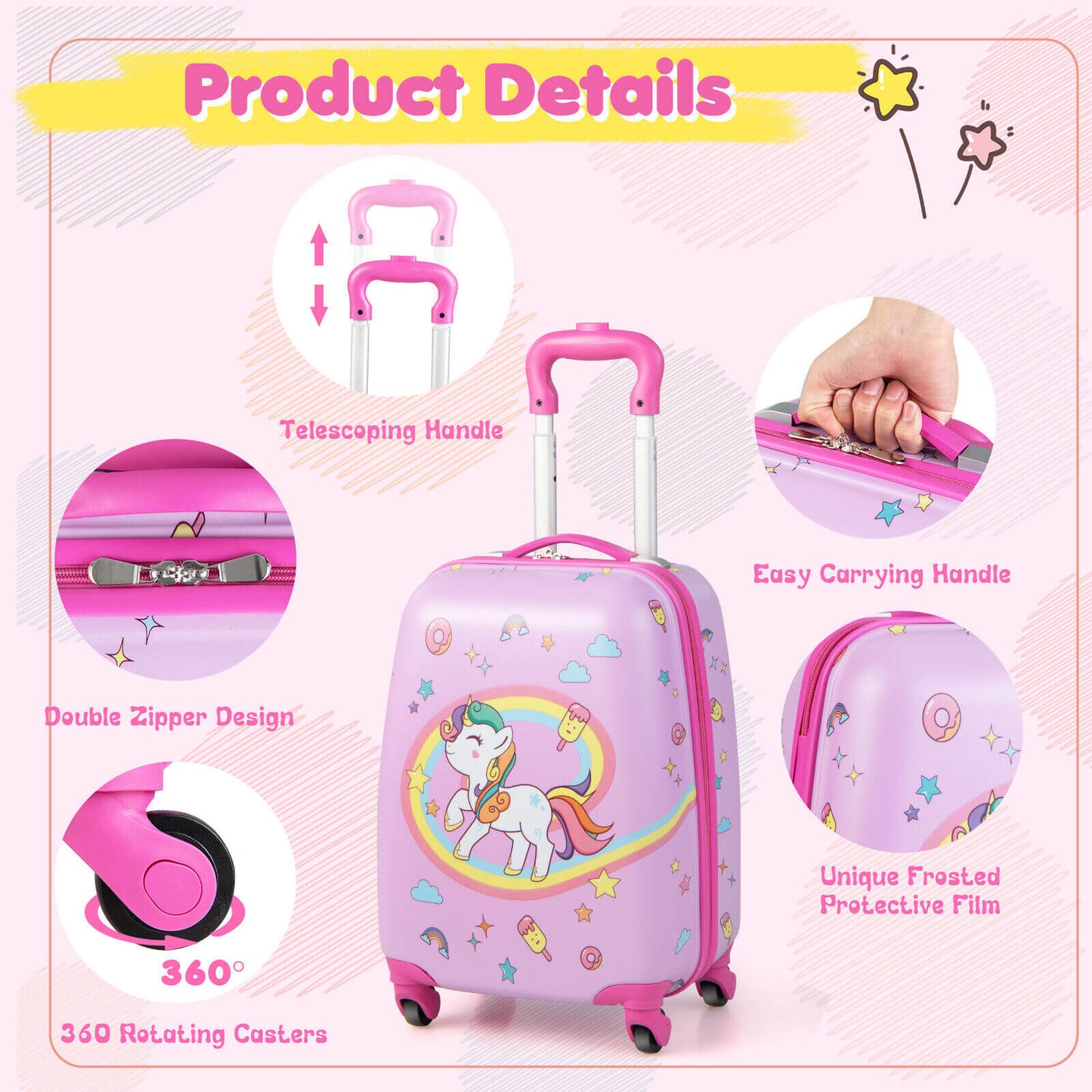 2 Pieces Kids Carry-on Luggage Set with 12 Inch Backpack-Pink