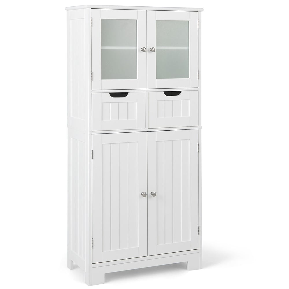 3 Tier Freee-Standing Bathroom Cabinet with 2 Drawers and Glass Doors-White