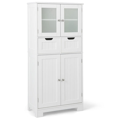 4 Door Freestanding Bathroom Floor Storage Cabinet with 2 Drawers and Glass Doors-Black