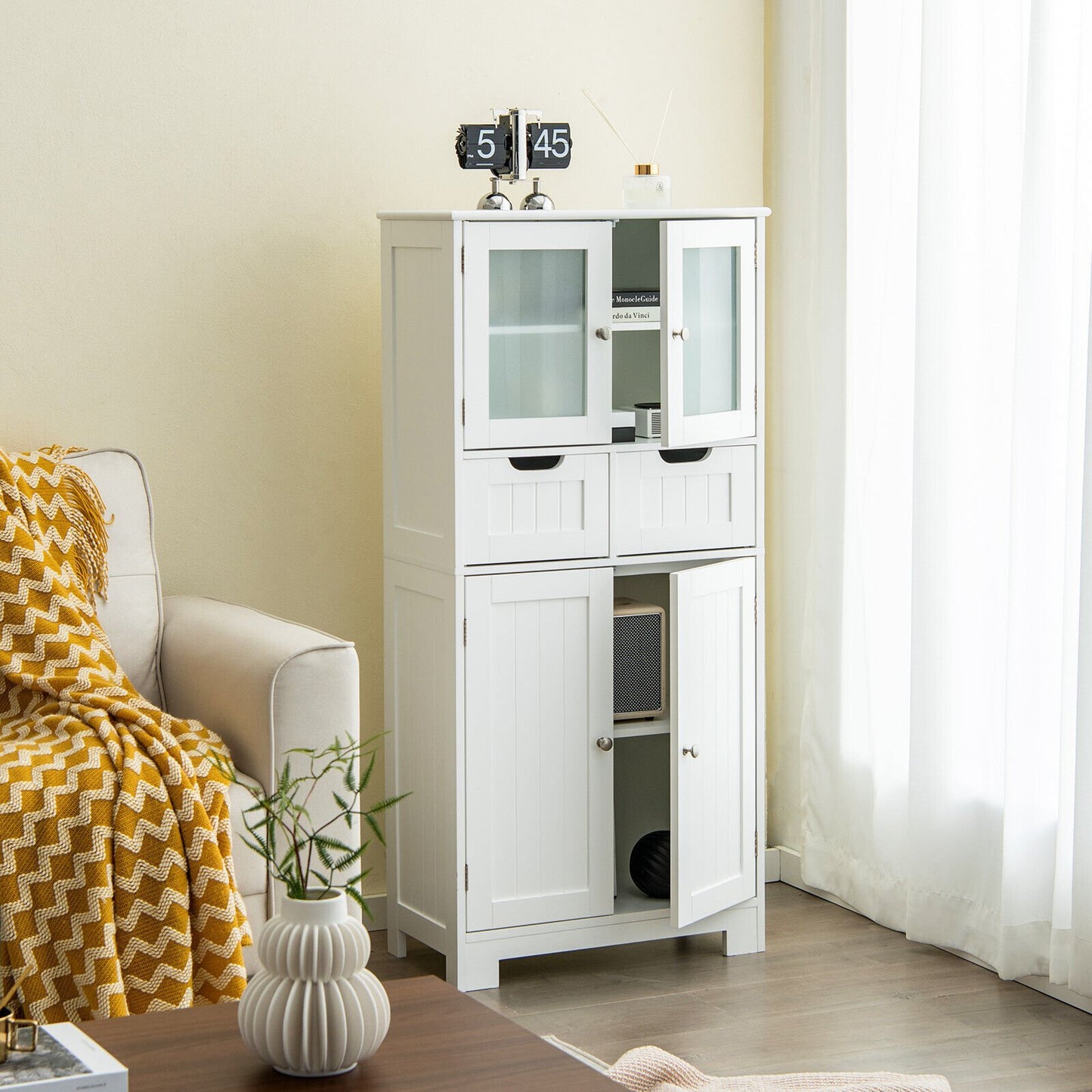 4 Door Freestanding Bathroom Floor Storage Cabinet with 2 Drawers and Glass Doors-Black