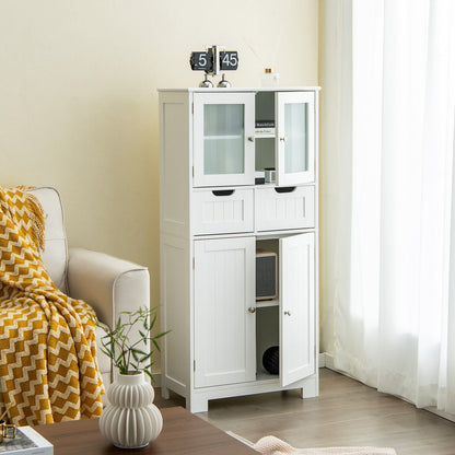 4 Door Freestanding Bathroom Floor Storage Cabinet with 2 Drawers and Glass Doors-Black