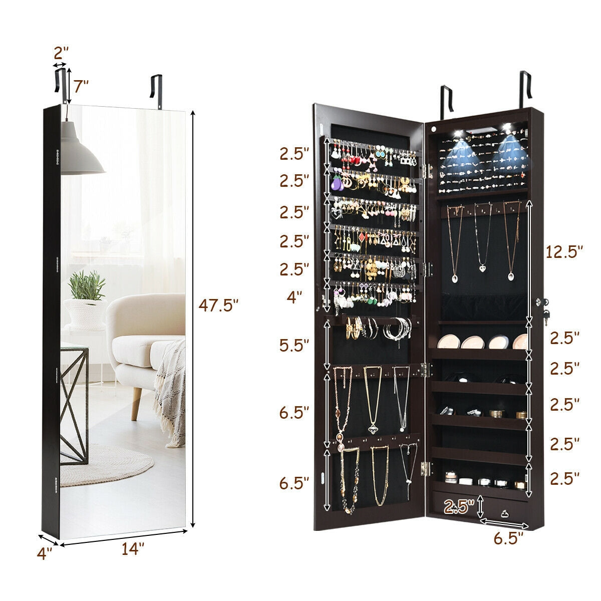 Wall And Door Mounted Mirrored Jewelry Cabinet With Lights-Brown