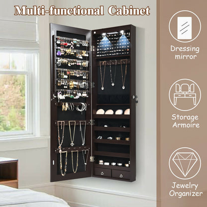 Wall And Door Mounted Mirrored Jewelry Cabinet With Lights-Brown