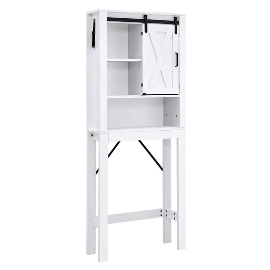 White wooden bathroom cabinet with sliding barn door and three adjustable shelves, designed for over the toilet storage.