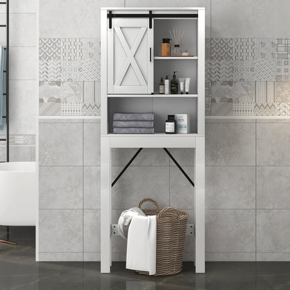 3-Tier Wodden Bathroom Cabinet with Sliding Barn Door and 3-position Adjustable Shelves-White