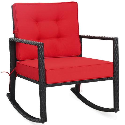 Patio Rattan Rocker Outdoor Glider Rocking Chair Cushion Lawn-Red