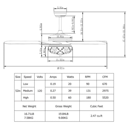 52 Inches Ceiling Fan with Remote Control-Oak