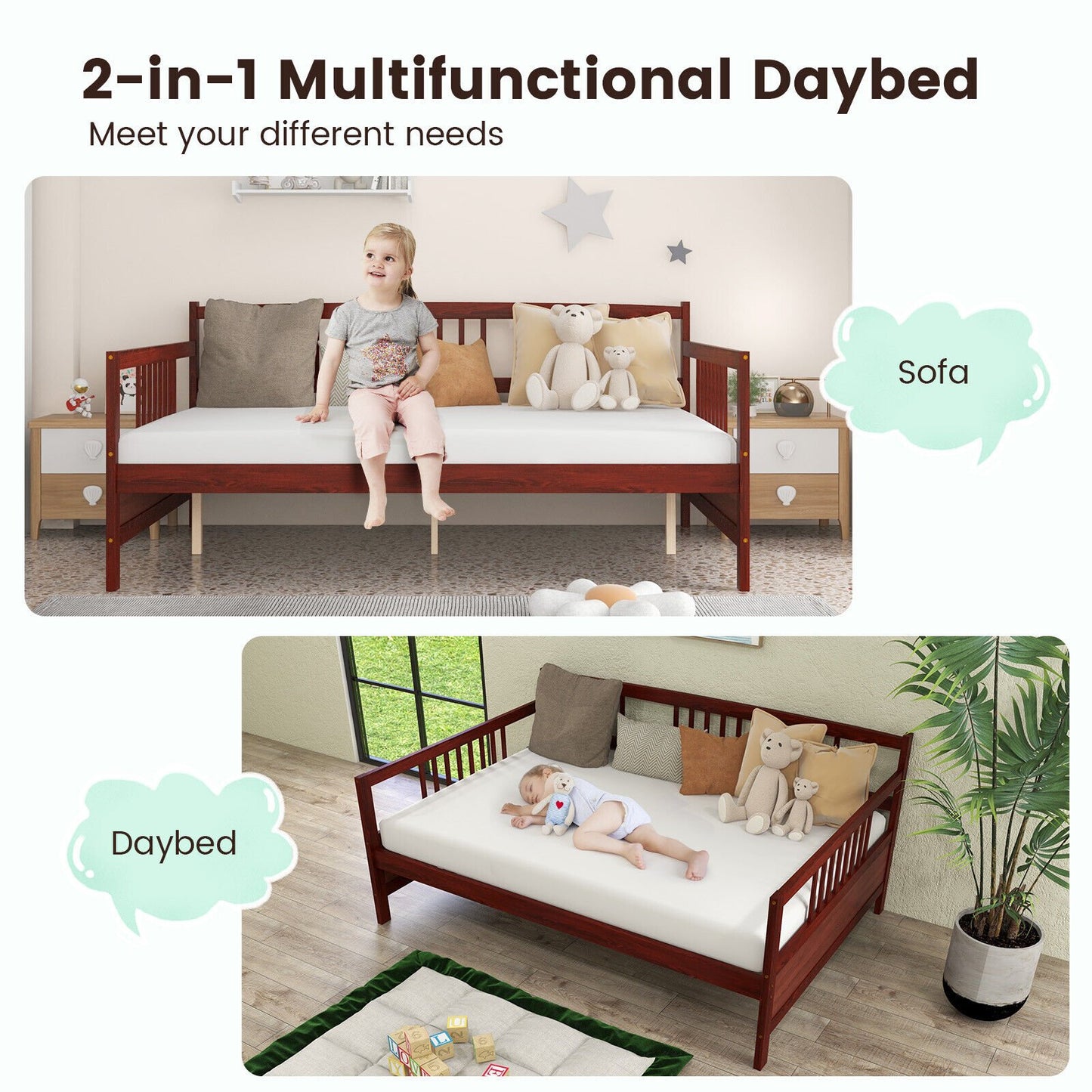 Daybed Frame with Guardrails Full Size-Brown