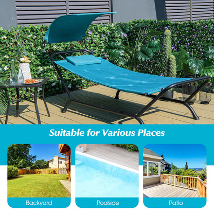 Patio Hanging Chaise Lounge Chair with Canopy Cushion Pillow and Storage Bag-Navy
