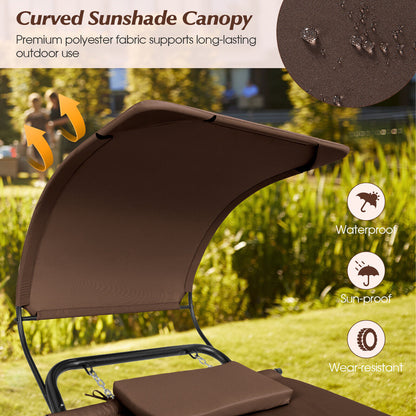 Patio Hanging Chaise Lounge Chair with Canopy Cushion Pillow and Storage Bag-Brown
