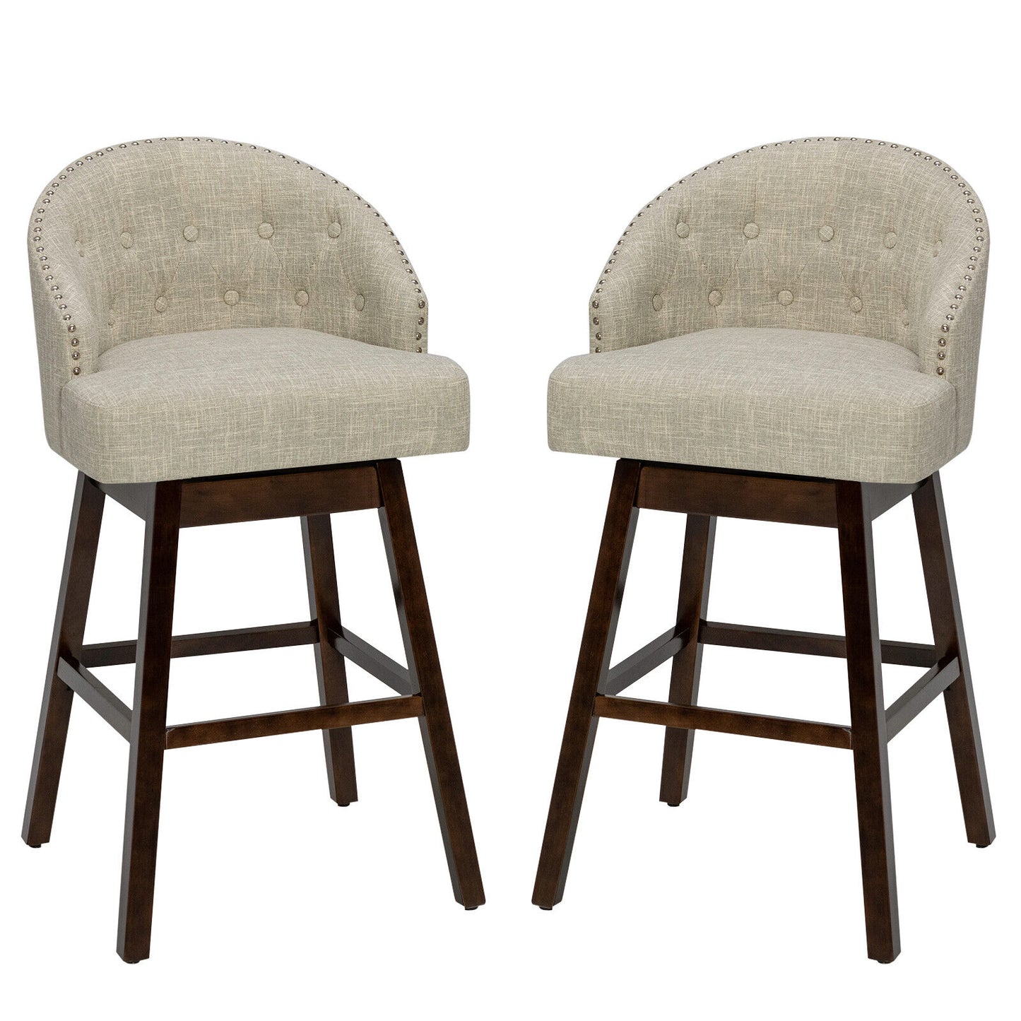 Set of 2 Swivel Bar Stools Tufted Bar Height Pub Chairs with Rubber Wood Legs-Beige
