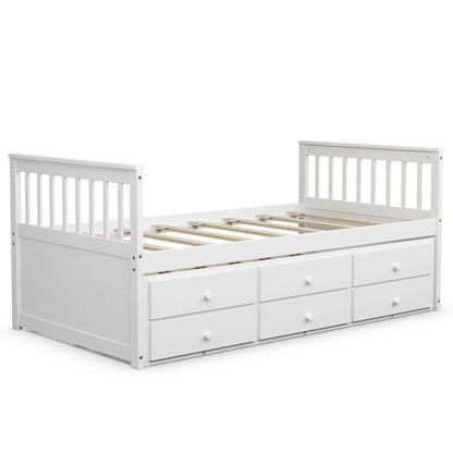 Twin Captain’s Bed with Trundle Bed with 3 Storage Drawers-Dark Brown