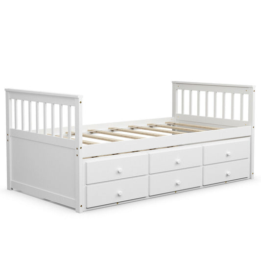 Twin Captain’s Bed with Trundle Bed with 3 Storage Drawers-White