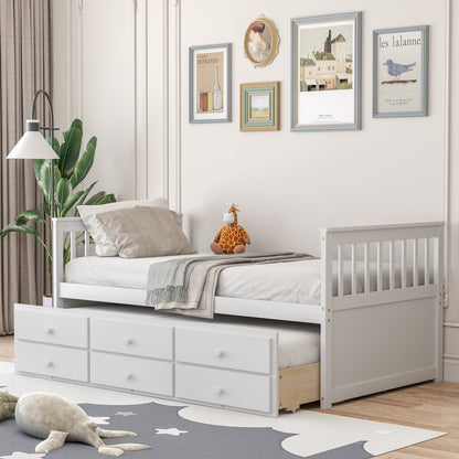 Twin Captain’s Bed with Trundle Bed with 3 Storage Drawers-Dark Brown