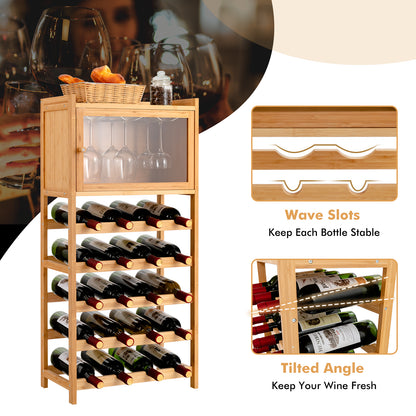20-Bottle Freestanding Bamboo Wine Rack Cabinet with Display Shelf and Glass Hanger-Natural