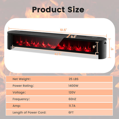 1400W Electric Baseboard Heater with Realistic Multicolor Flame-Black