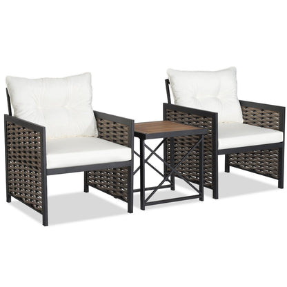 3 Piece Patio Rattan Furniture Set with Acacia Wood Tabletop-Gray