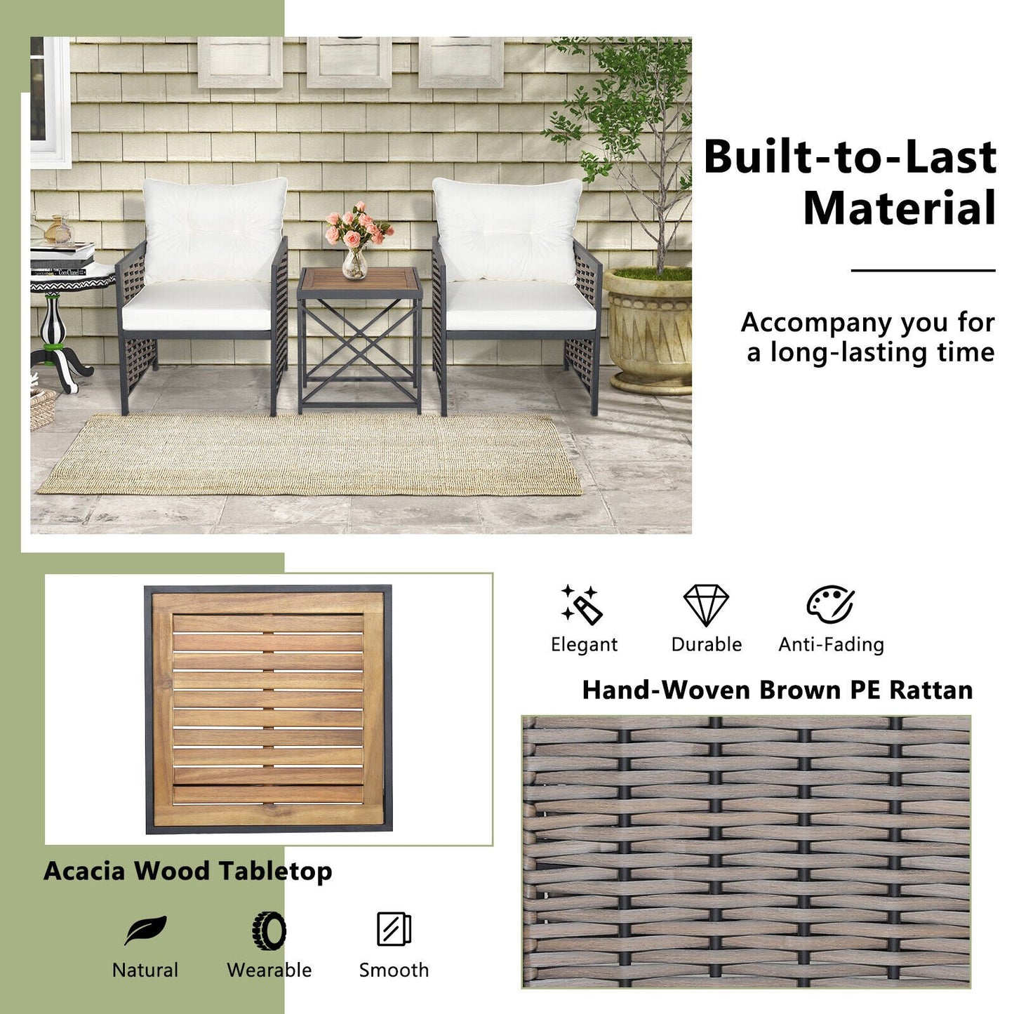 3 Piece Patio Rattan Furniture Set with Acacia Wood Tabletop-Gray