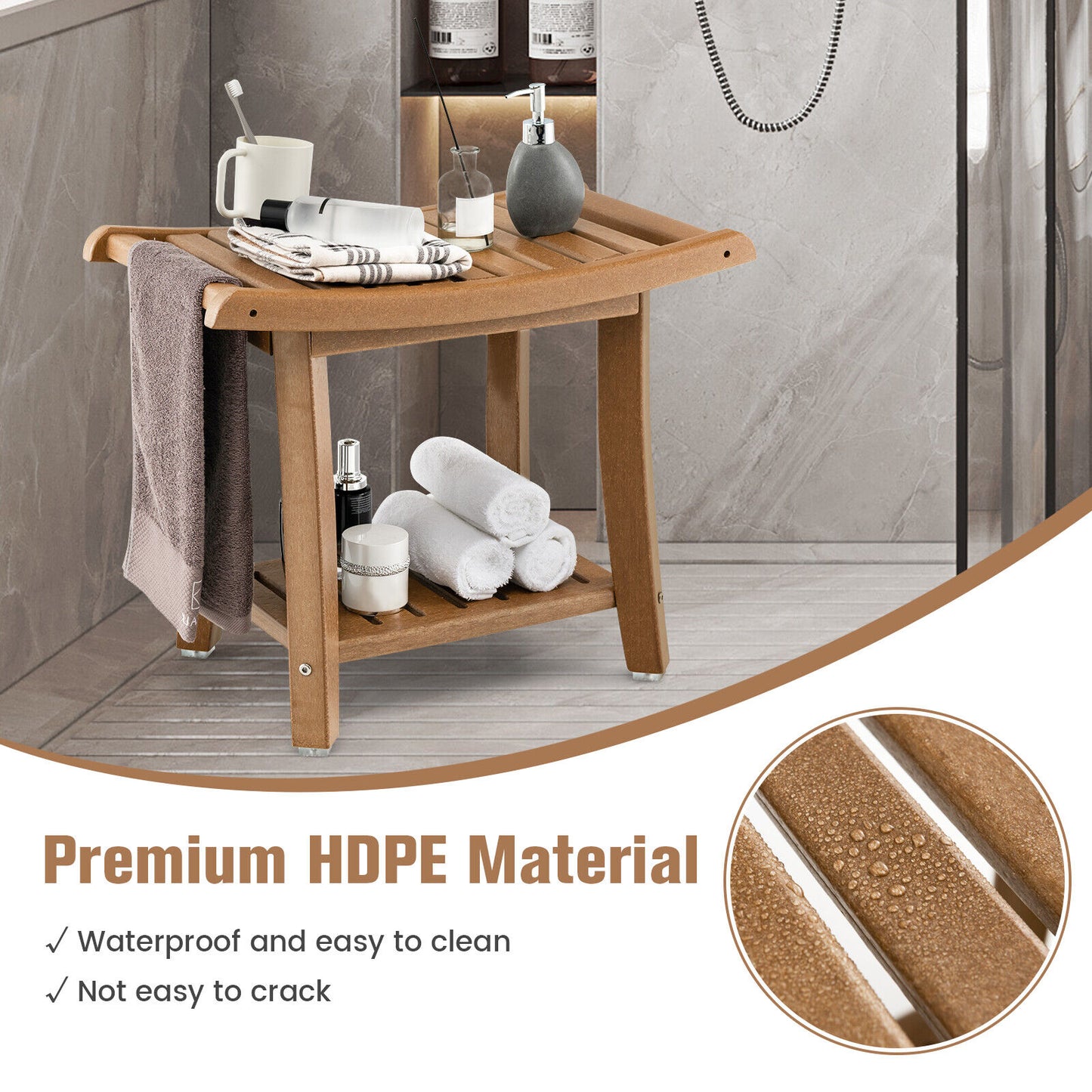 Waterproof Bath Stool with Curved Seat and Storage Shelf-Brown