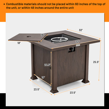 32 Inch 50 000 BTU Square Fire Pit Table with Lid and Lava Rocks-Brown