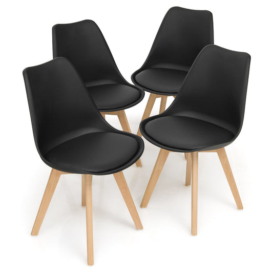 Set of 4 Dining Chairs Mid-Century Modern Shell PU Seat with Wooden Legs-Black