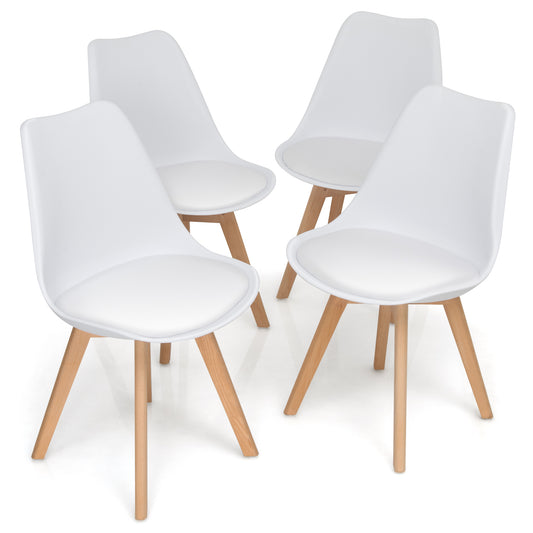 Set of 4 Dining Chairs Mid-Century Modern Shell PU Seat with Wooden Legs-White