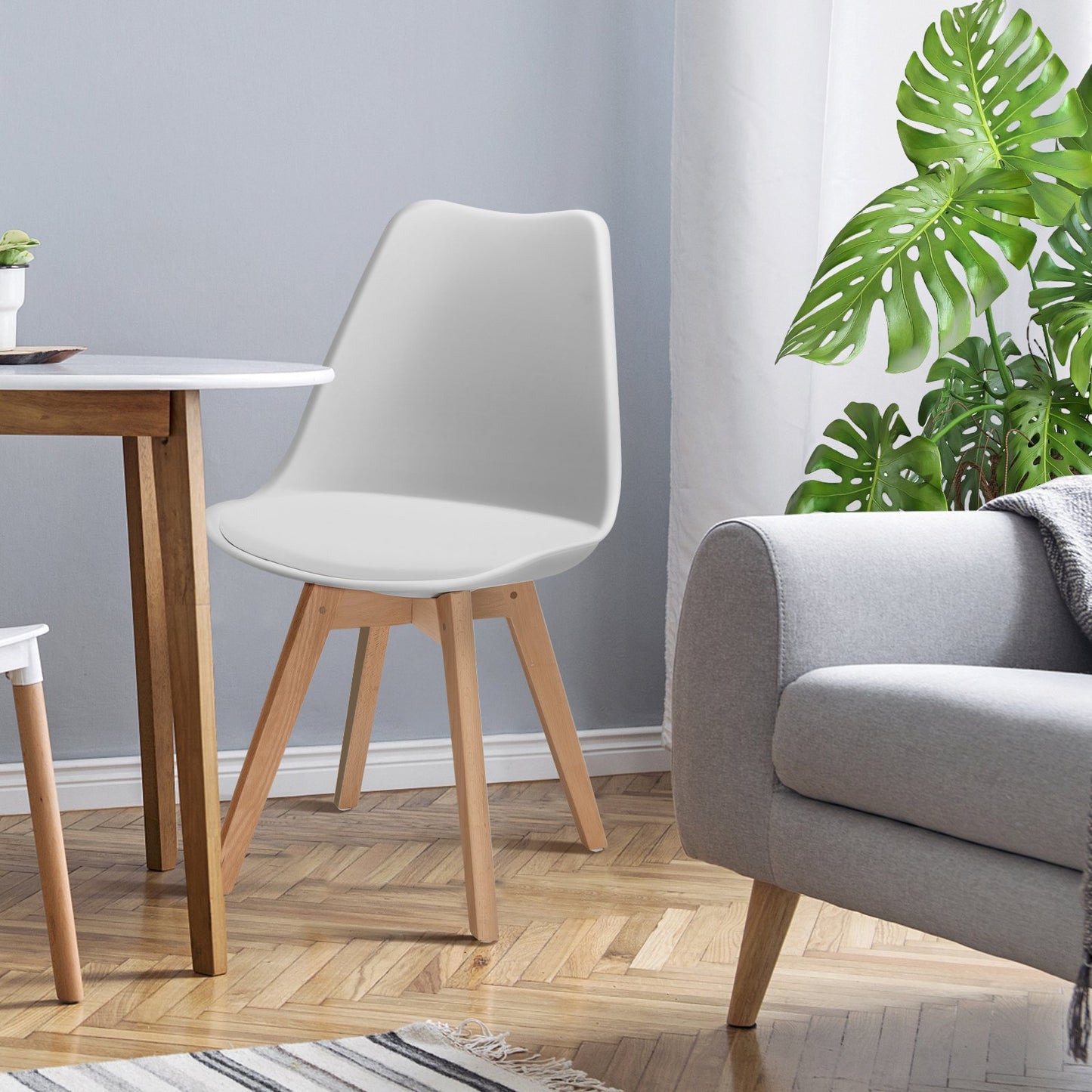 Set of 4 Dining Chairs Mid-Century Modern Shell PU Seat with Wooden Legs-Black