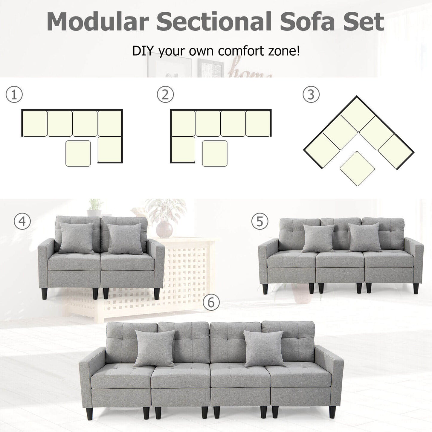 L-shaped Sectional Corner Sofa Set with Storage Ottoman-Gray