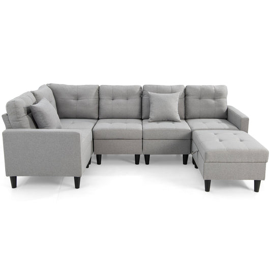 L-shaped Sectional Corner Sofa Set with Storage Ottoman-Gray