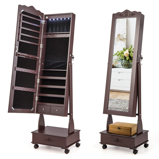 Rolling Floor Standing Mirrored Jewelry Armoire with Lock and Drawers-Brown