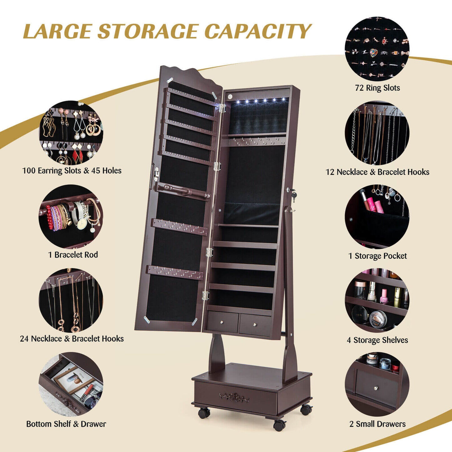 Rolling Floor Standing Mirrored Jewelry Armoire with Lock and Drawers-Brown