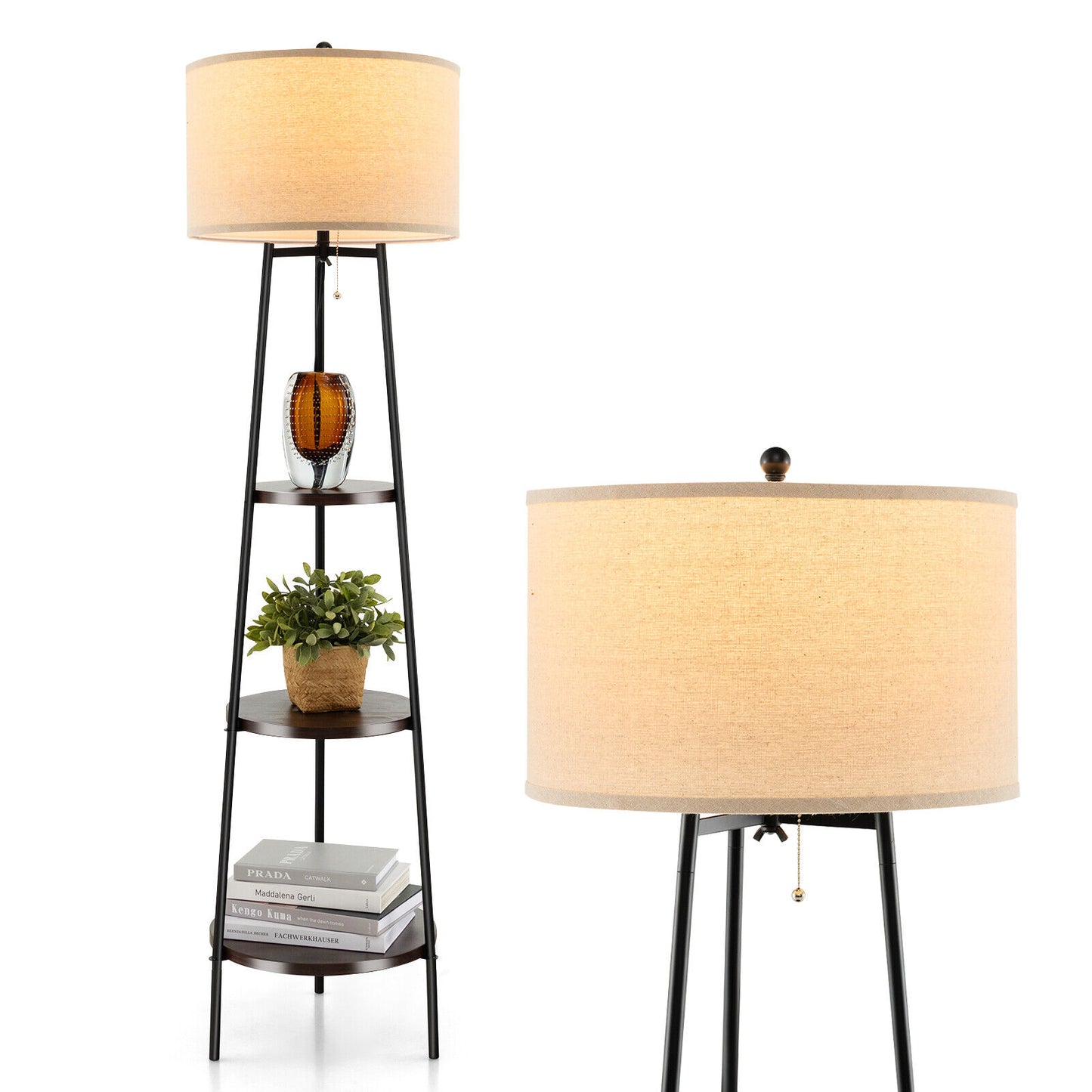 Shelf Floor Lamp with Storage Shelves and Linen Lampshade