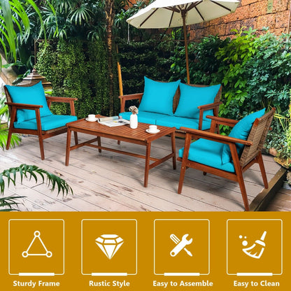 4 Pieces Acacia Wood Patio Rattan Furniture Set-Brown