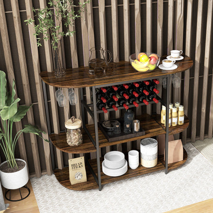 47 Inches Wine Rack Table with Glass Holder and Storage Shelves-Rustic Brown