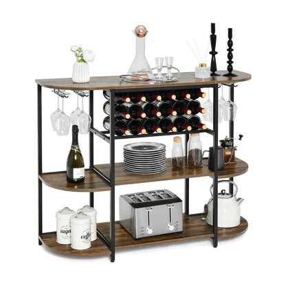 47 Inches Wine Rack Table with Glass Holder and Storage Shelves-Rustic Brown